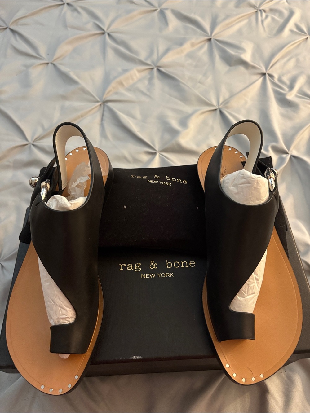 rag & bone Black Leather Slingback Toe-Ring Sandals with Tan Footbed